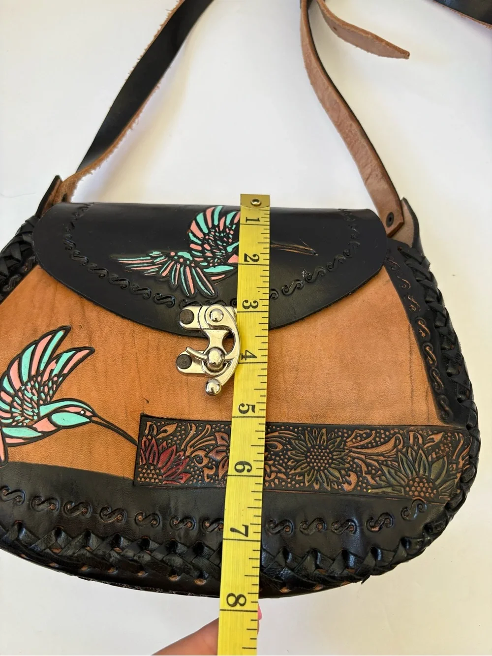 Mexican Leather Crossbones Bag Hand Crafted Tooled Hummingbird Brown Black Artsy